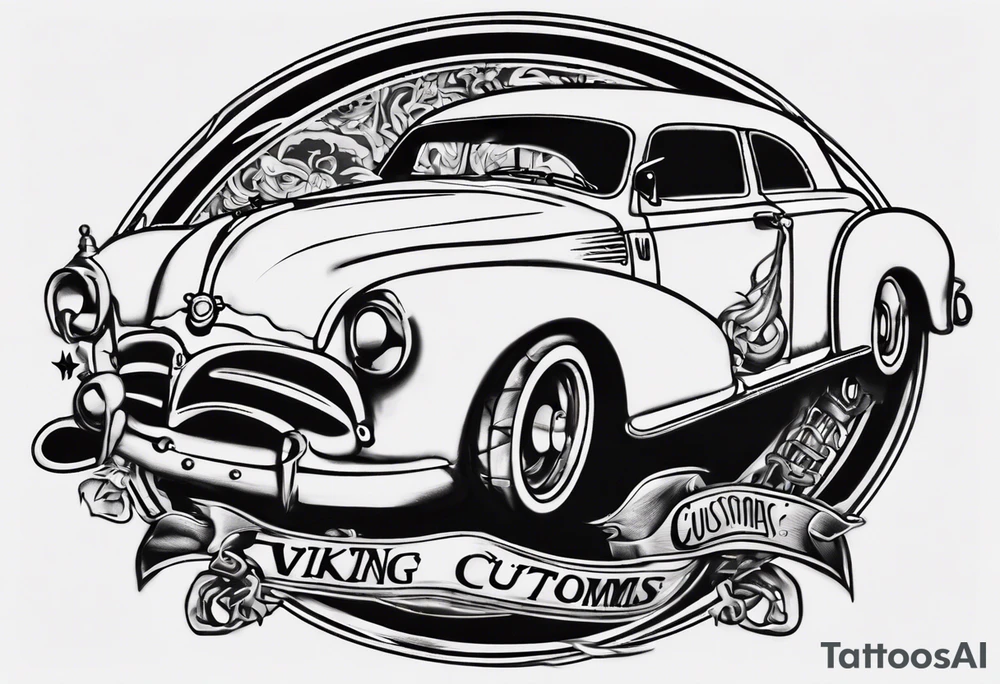 I want a tattoo of an old vintage classic car and a skeleton in the back with the name “Viking Customs” incorporated in the design tattoo idea