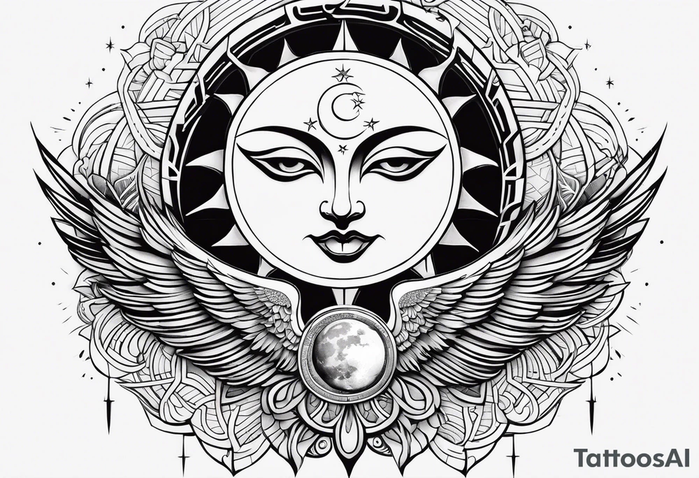 Large sun and moon tattoo that is tall 
Spiritual meaning behind it flowing into a falcon tattoo idea