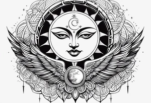 Large sun and moon tattoo that is tall 
Spiritual meaning behind it flowing into a falcon tattoo idea