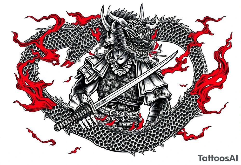 Japanese dragon wrapping around a samurai warrior, flowing body and smoke trails, black ink with red flames, detailed armor textures, sharp horns, claws gripping sword, intense eyes, traditional Japanese tattoo composition, full sleeve expansion layout, designed to wrap around the upper arm -- no color, no text, minimal background, ink-style shading, centered, high-resolution, symmetrical or dynamic layout, tattoo-ready tattoo idea