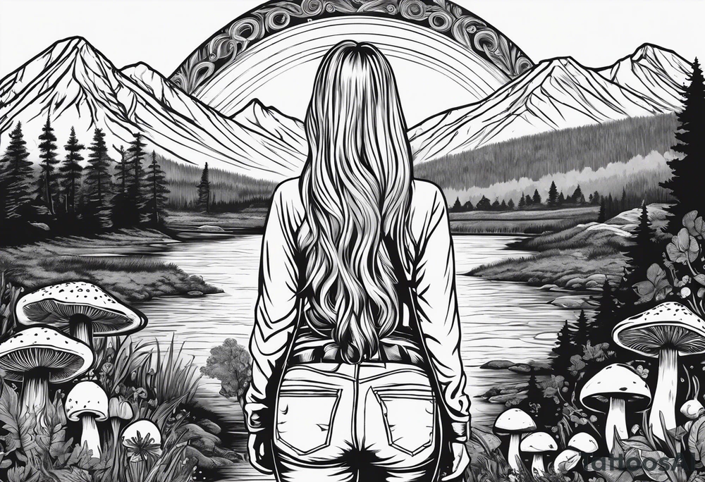 Whole picture encircled fully

Straight long blonde hair hippie girl in distance holding mushrooms in hand facing away toward mountains and creek surrounded by mushrooms long sleeve shirt and hiking pants; whole rendering within a full circle, no cut off circle tattoo idea