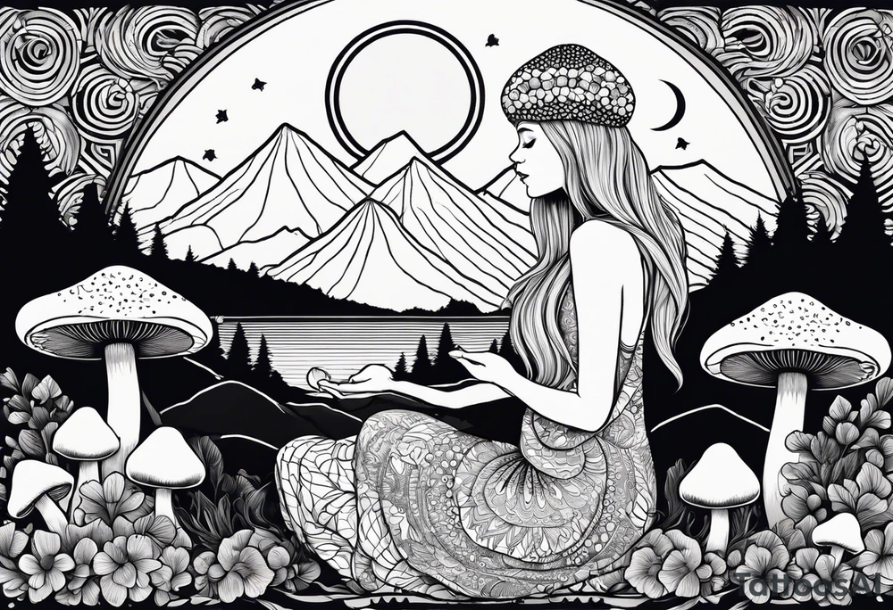 Straight blonde hair girl holding mushrooms in hand meditating facing away toward mountains surrounded by mushrooms crescent moon mandala circular design black and white striped dress tattoo idea