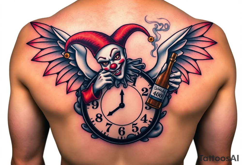 a jester clown floating in smoke with a  clock, the time says 420,  with two open wings besides the clock, smoke as the spring rising from the clock, a jester clown coming out the smoke, smoking in one hand with a liquor bottle on the other hand tattoo idea