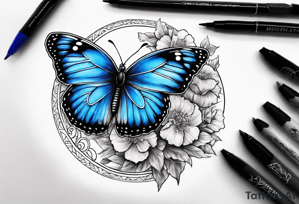 Blue butterfly moon carnation tattoo idea