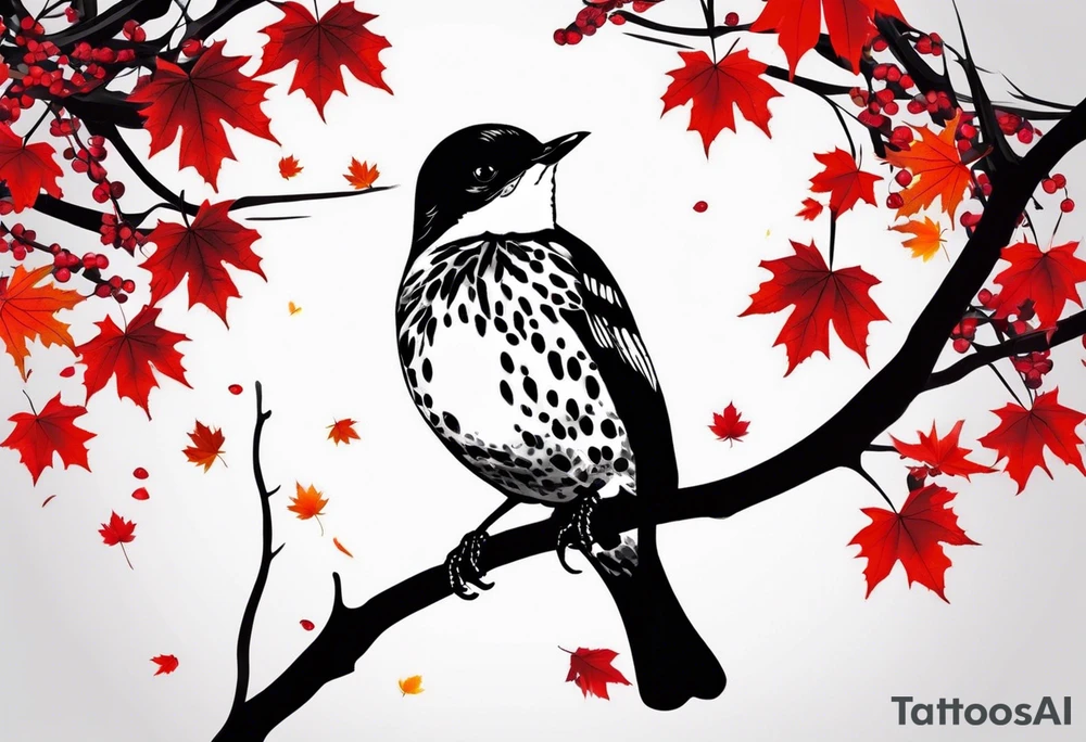 trash polka style. Arm tattoo. chest tattoo. Long tattoo. large tattoo. Full sleeve. Shoulder. A single large maple tree with red autumn leaves that branches upwards from wrist to shoulder. White-throated dipper bird on the trees branches. Calluna flowers at the base of the trees stem. Leaves falling. tattoo idea