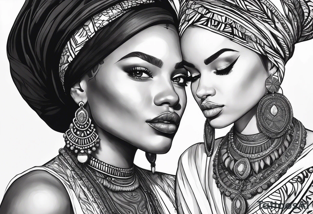 Caucasian women with dark hair and features. She will be posing sideways portrait style. She need to embody a modern queen. She must be wearing 3 African style necklaces and african Earrings. tattoo idea