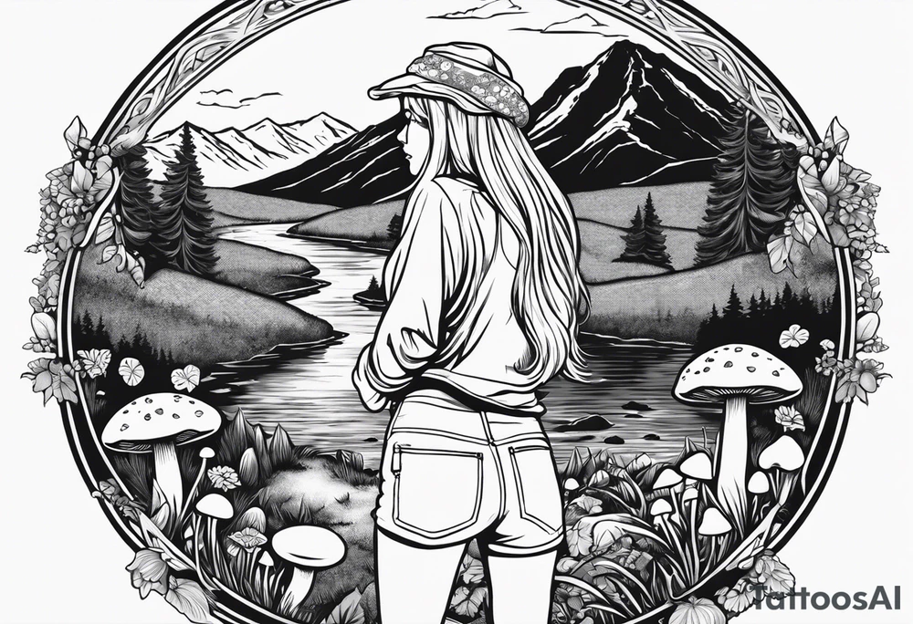 Whole picture encircled fully

Straight long blonde hair hippie girl in distance holding mushrooms in hand facing away toward mountains and creek surrounded by mushrooms long sleeve shirt and hiking pants; whole rendering within a full circle, no cut off circle tattoo idea