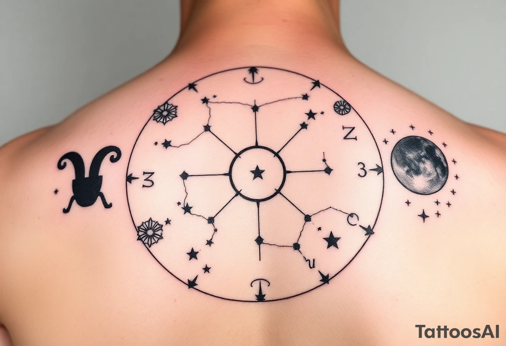 Zodiac constellation map with sagittarius mom two cancer kids and 2 aries kids with stars and Jupiter,  mars, and the moon as ruling planet tattoo add the zodiac constellations tattoo idea