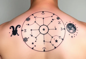 Zodiac constellation map with sagittarius mom two cancer kids and 2 aries kids with stars and Jupiter,  mars, and the moon as ruling planet tattoo add the zodiac constellations tattoo idea