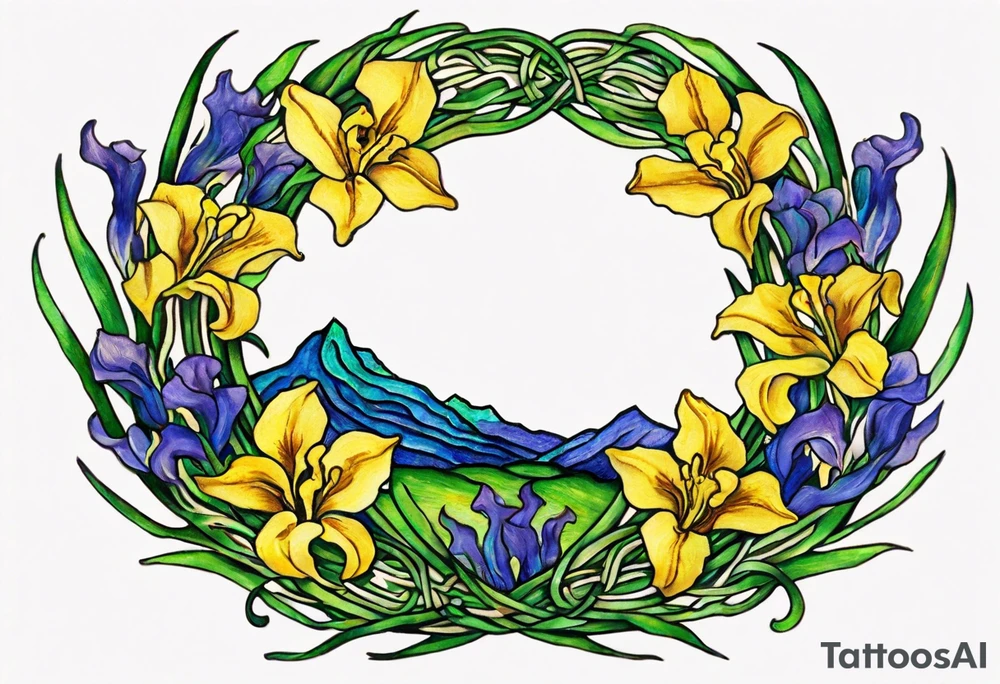 Create a small colorful Vincent van Gogh Irises tattoo in the form of a crescent, with vines or Celtic knots gracefully intertwining at a central point in the middle of the wreath.  In the middle of the wreath are mountains and other items found in New Mexico. Ensure that the design avoids the appearance of a bush and maintains a more structured and deliberate arrangement. The intended placement is on the upper chest. The overall design should be small in size while maintaining a delicate and artistic aesthetic. Pay attention to the graceful flow of the vines and the placement of the irises to achieve a refined and elegant look. tattoo idea