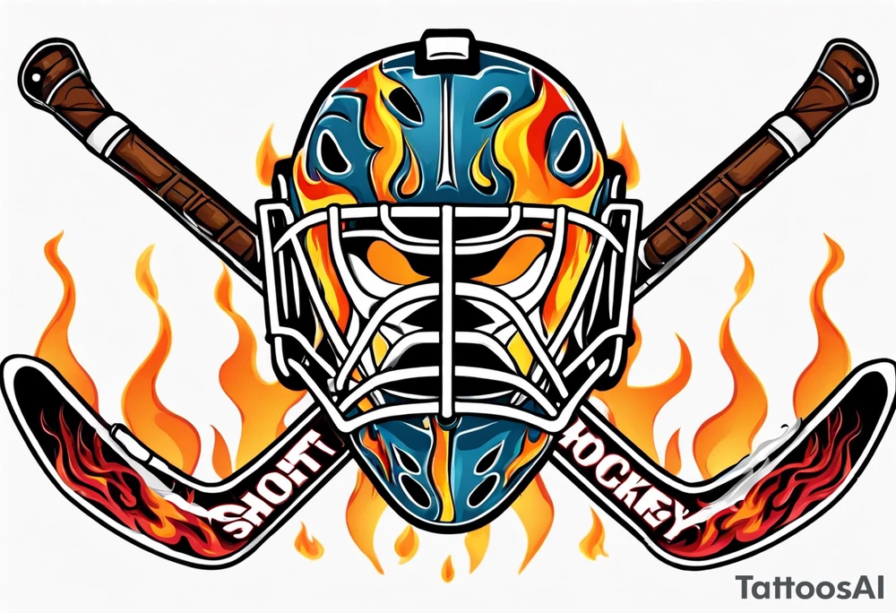 a goalie mask and crossed hockey sticks with flames that says "SHOT HOCKEY" tattoo idea