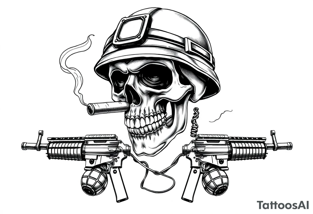 A stoic skull in a military helmet, cigar burning, flanked by crossed assault rifles and grenades. tattoo idea