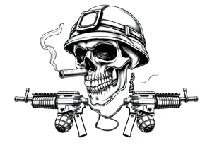 A stoic skull in a military helmet, cigar burning, flanked by crossed assault rifles and grenades. tattoo idea