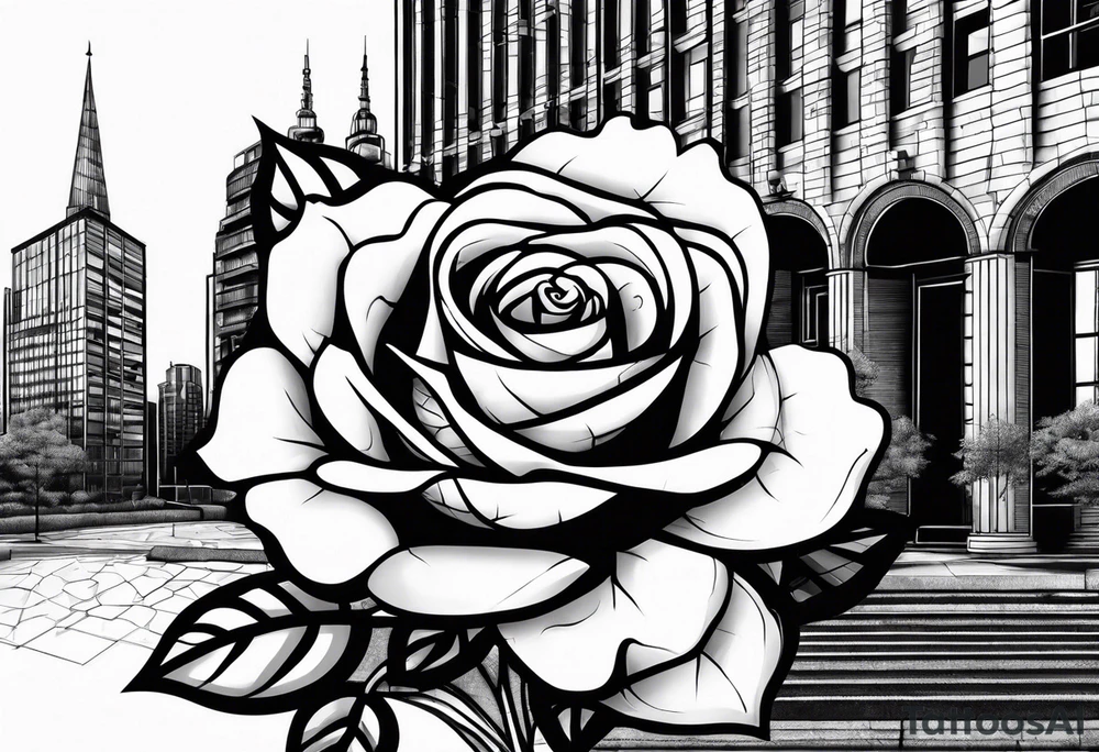 Rose growing from concrete with a 6 floor building in the background with 1570 address tattoo idea