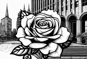 Rose growing from concrete with a 6 floor building in the background with 1570 address tattoo idea