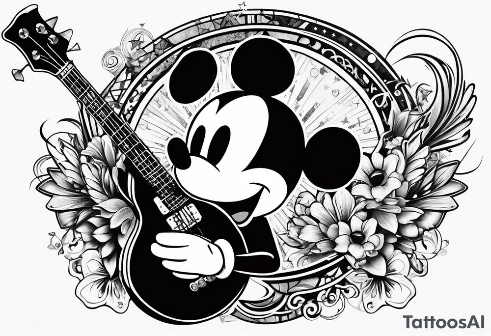 Tattoo full left arm with a collage of a bass guitar, mickey mouse symbol, a medicine caduceus, two stars tattoo idea