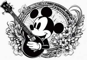 Tattoo full left arm with a collage of a bass guitar, mickey mouse symbol, a medicine caduceus, two stars tattoo idea