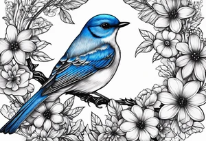 Illustrate a tattoo of a tiny bluebird with intricate feather details, surrounded by small flowers for a feminine touch. tattoo idea