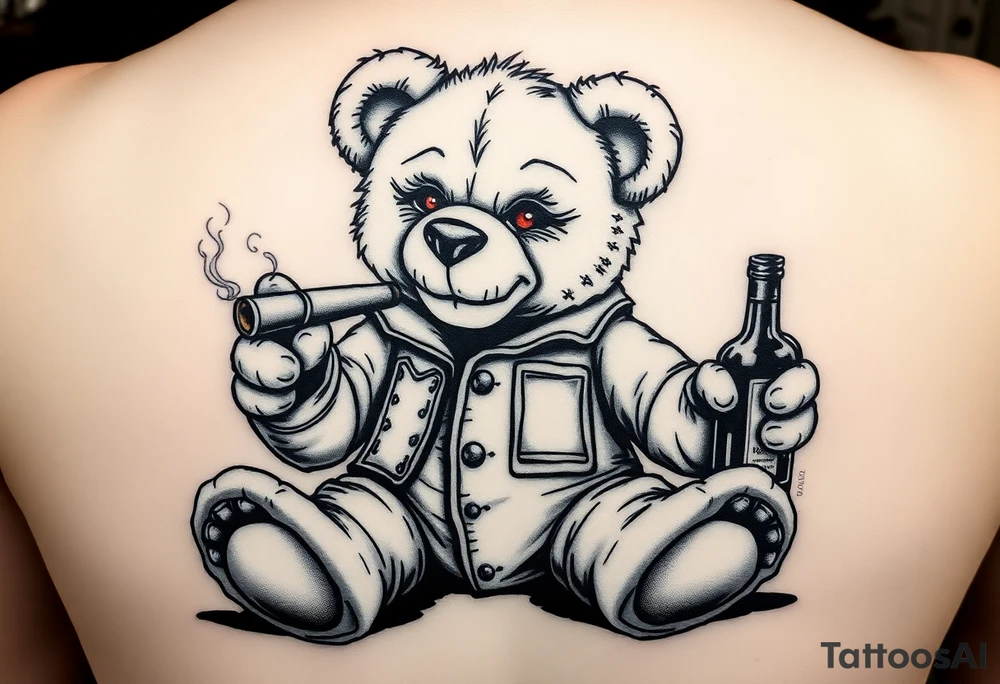 "A black and white realistic tattoo design of a rebellious teddy bear. The bear looks worn out, with visible stitches, a torn ear, and a button eye. It sits in a relaxed pose, holding a smoking cigar in one paw and a whiskey bottle in the other. Some stuffing is peeking through its seams. The bear has a smug expression, and its eyes glow red as a minimal color accent. The style is detailed, dark, and edgy, perfect for a tattoo. tattoo idea