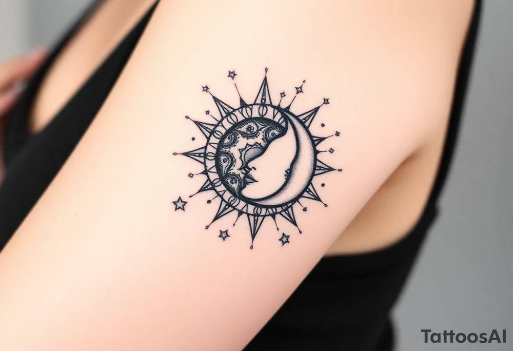 celestial sun and moon embrace with constellation patterns tattoo idea