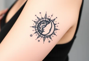celestial sun and moon embrace with constellation patterns tattoo idea