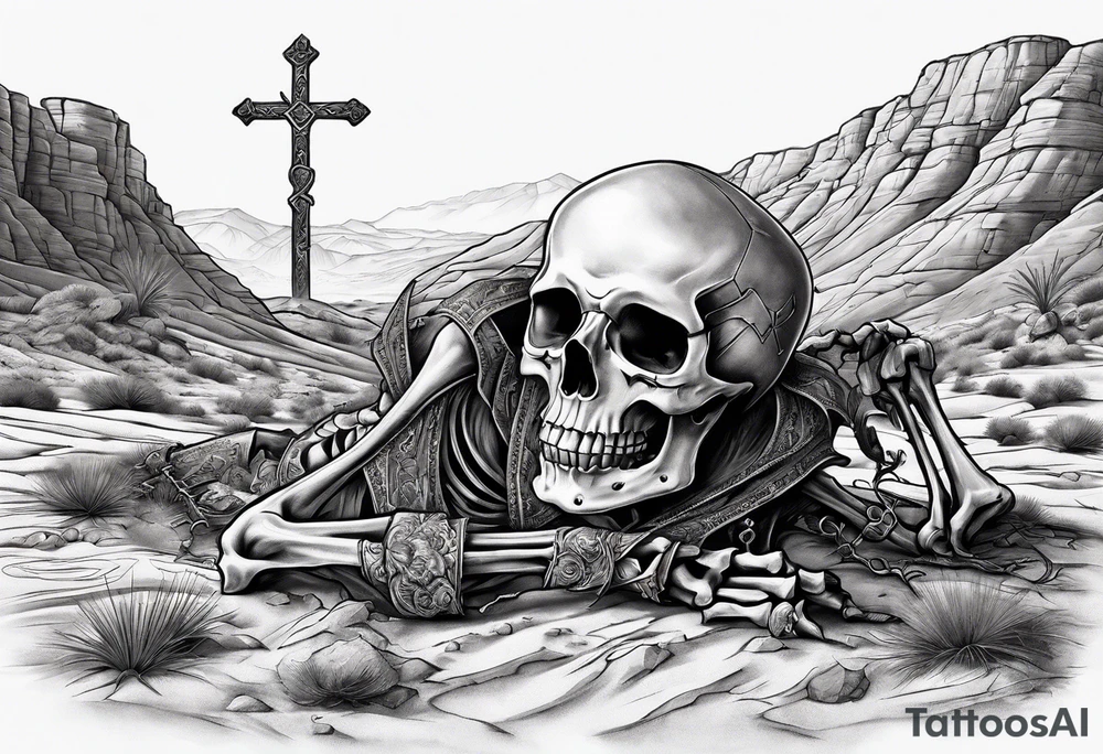 skeleton crawling towards a cross in a desert tattoo idea skeleton crawling towards a cross in a desert tattoo idea
