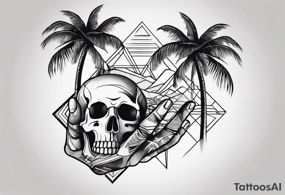 a skeleton hand and palm trees tattoo idea