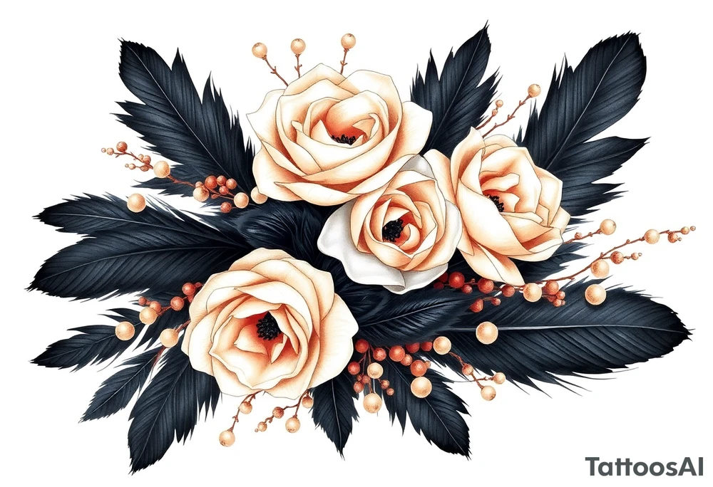 A wedding bouquet of black , cream and  rosegold flowers surrounded by black feathers as the wrapping with one single pearl along the spine of each feather tattoo idea