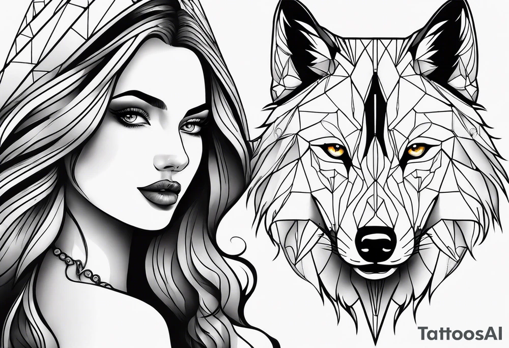 a wolf and a woman with the same eye tattoo idea