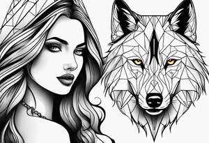 a wolf and a woman with the same eye tattoo idea
