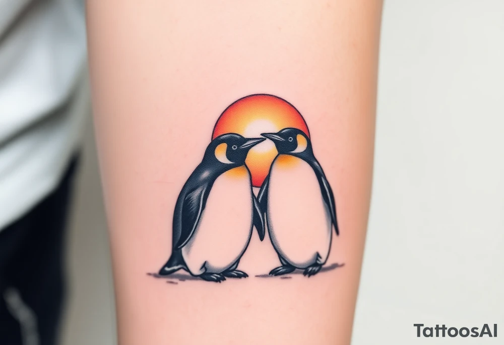 Penguins cuddling each other, looking off at a sunset tattoo idea
