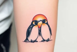 Penguins cuddling each other, looking off at a sunset tattoo idea