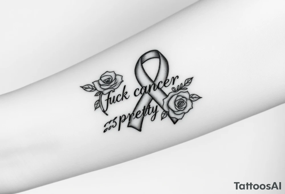 Cancer ribbon that says fuck cancer pretty with roses on arm tattoo idea