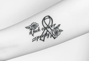 Cancer ribbon that says fuck cancer pretty with roses on arm tattoo idea
