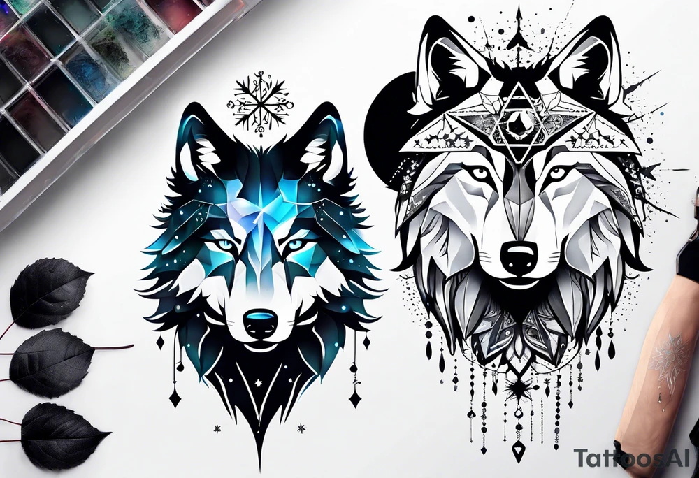 Constellation, two animal wolf, snowflake tattoo idea