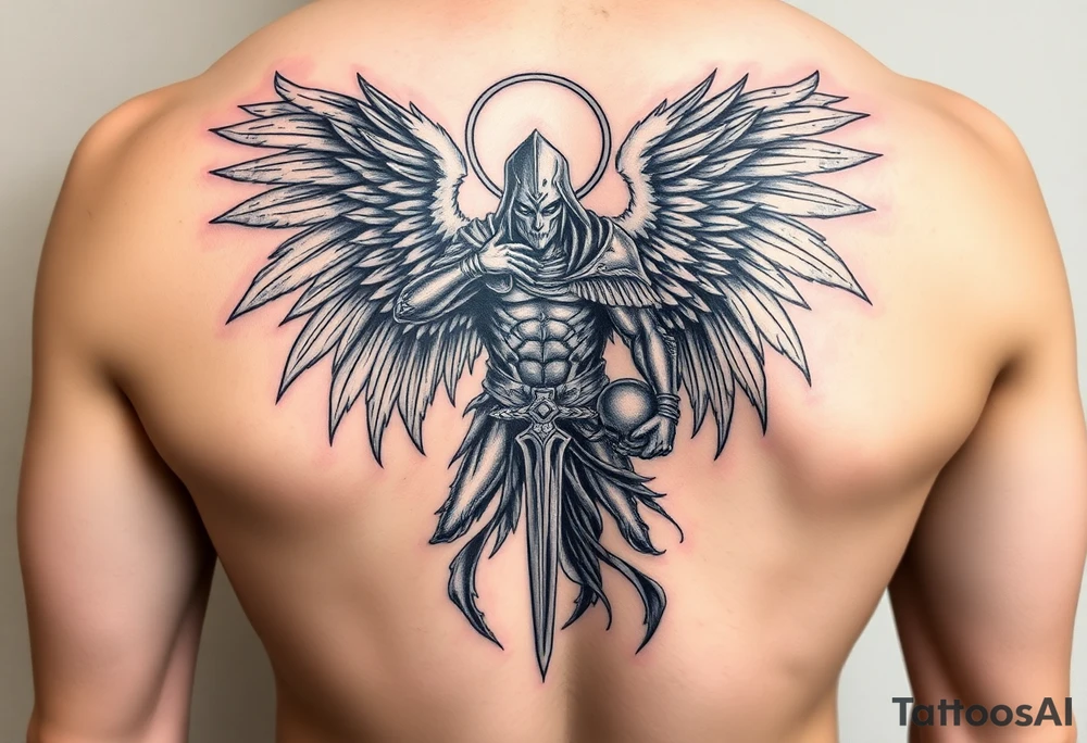 epic warrior/ archangel tattoo protecting family from evil tattoo idea