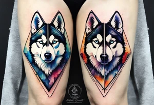 Thigh piece. A black and white Siberian husky face split in half with one half watercolor and one half geometric. tattoo idea
