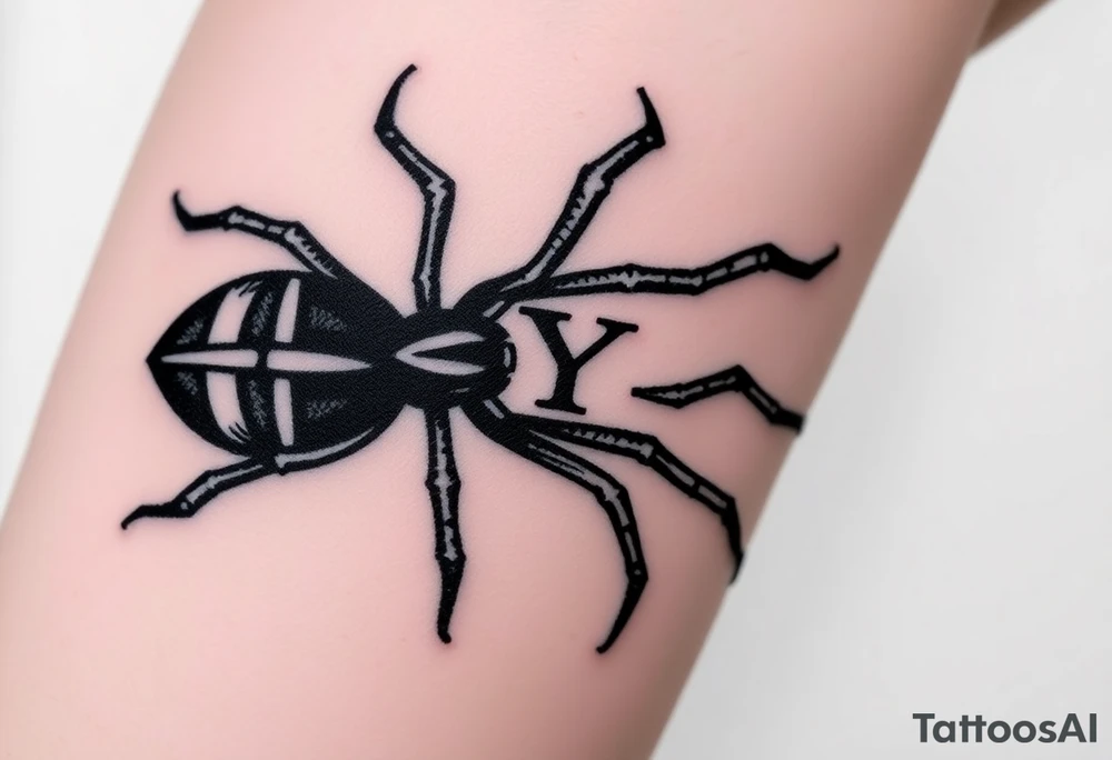 Spider crawling down the arm sideways with the letter Y on the body of the spider tattoo idea