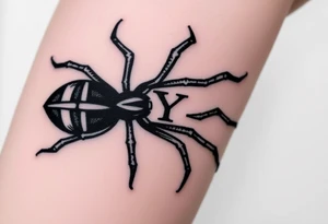Spider crawling down the arm sideways with the letter Y on the body of the spider tattoo idea