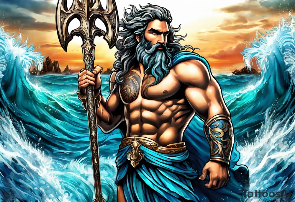 Poseidon’s Trident with Atlantis backdrop tattoo idea