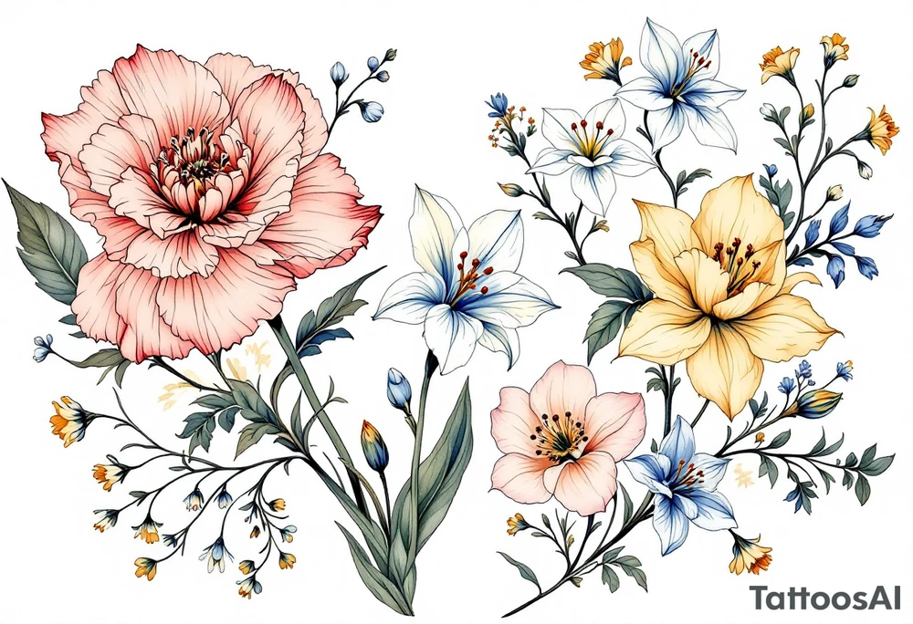 Carnation, Snowdrop, Larkspur, Water Lily, Daffodil, Clover tattoo idea