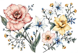 Carnation, Snowdrop, Larkspur, Water Lily, Daffodil, Clover tattoo idea