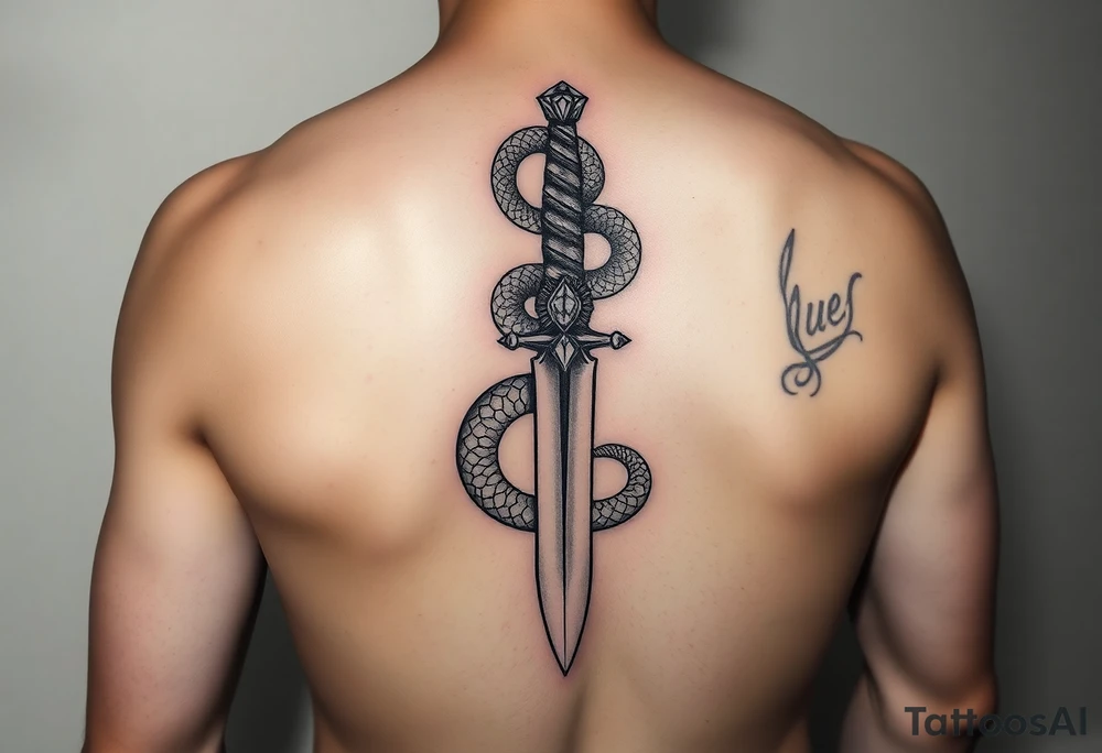 mystical snake coiled around an ancient dagger with jeweled hilt tattoo idea
