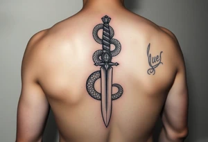mystical snake coiled around an ancient dagger with jeweled hilt tattoo idea