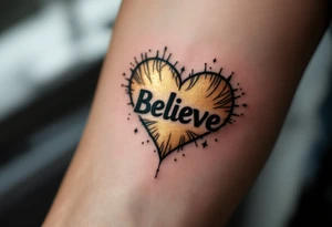 A strong, black "Believe" with a shimmering gold heart behind it, symbolizing belief in love and connection. tattoo idea