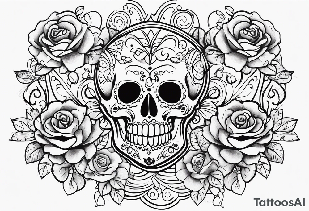 chest tattoo, from shoulder to shoulder, contains skulls, roses and muertos style girls. tattoo should be stretched horizontally tattoo idea