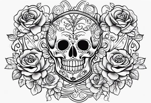 chest tattoo, from shoulder to shoulder, contains skulls, roses and muertos style girls. tattoo should be stretched horizontally tattoo idea