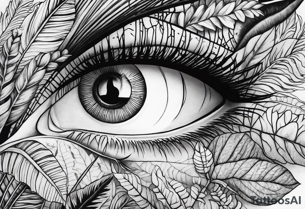 sleeve tattoo with jungle plants, eye compass tattoo idea