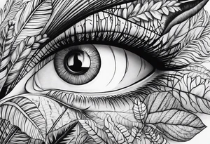 sleeve tattoo with jungle plants, eye compass tattoo idea