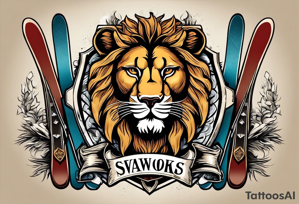 snow skis crossed like an x with a shield in front of them and the swanson crest on the shield being held up by two lions on the left and right side tattoo idea